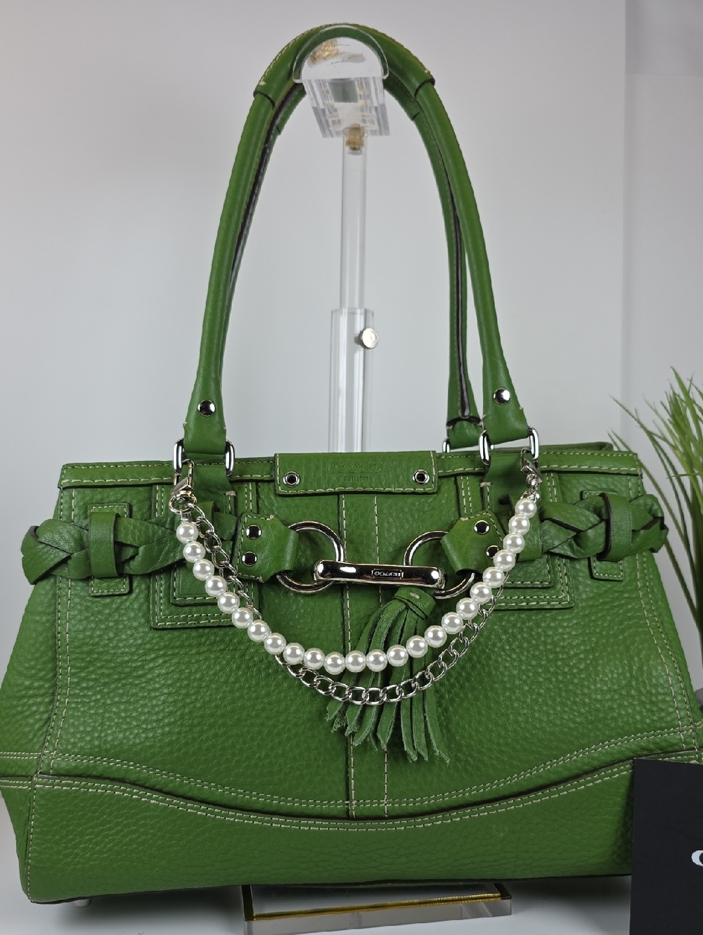 Coach Hampton Green Pebbled Leather Tote Shoulder Satchel Bag - Picture 4 of 14